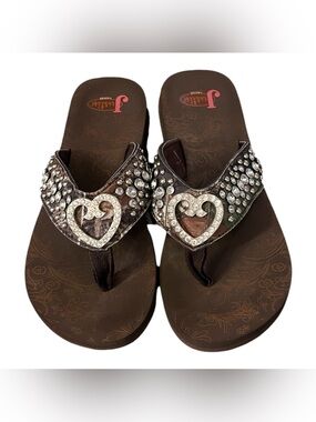 Justin Boots Brown Jeweled Heart Thong Sandals